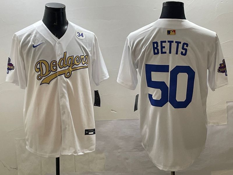 Men Los Angeles Dodgers #50 Betts White Champion gold character 2025 Nike MLB Jersey style 3314